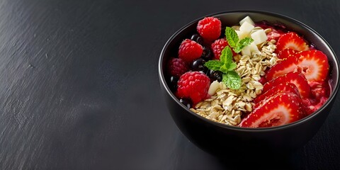 Wall Mural - Oatmeal Bowl with Berries and Toppings on Black Background Including the Word Oatmeal. Concept Food Photography, Healthy Breakfast, Berry Bowl, Dark Background, Oatmeal Concept