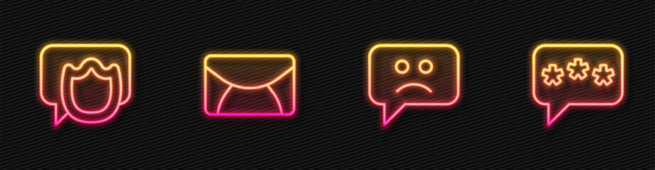 Poster - Set line Sad smile, Speech bubble chat, Mail and e-mail and . Glowing neon icon. Vector