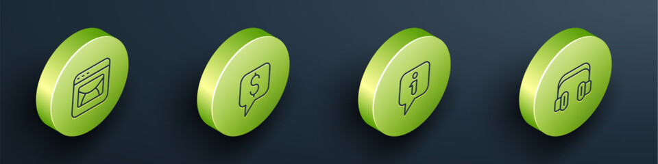 Poster - Set Isometric line Mail and e-mail, Paid support, Information and Headphones icon. Vector