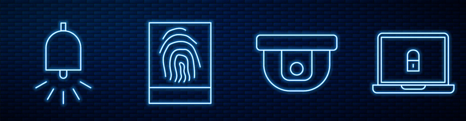Poster - Set line Motion sensor, Ringing alarm bell, Fingerprint and Laptop and lock. Glowing neon icon on brick wall. Vector