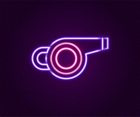 Poster - Glowing neon line Whistle icon isolated on black background. Referee symbol. Fitness and sport sign. Colorful outline concept. Vector