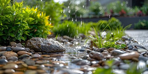 Poster - Lush Rain Garden in Urban Environment with Abundant Greenery and Water Droplets