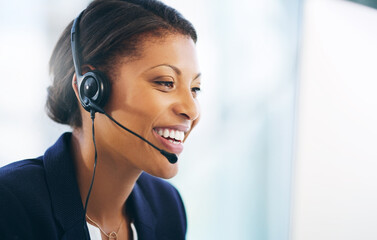 Wall Mural - Woman, happy and call centre in workplace with headsets, talking and outbound calls with company representative. Virtual conversation, help desk and customer service consultant, business and support