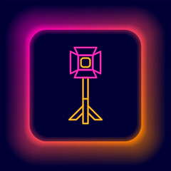 Poster - Glowing neon line Studio light bulb in softbox icon isolated on black background. Shadow reflection design. Colorful outline concept. Vector