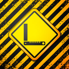 Poster - Black Corner ruler icon isolated on yellow background. Setsquare, angle ruler, carpentry, measuring utensil, scale. Warning sign. Vector