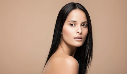 An Indian woman with straight hair isolated on a beige background haircare idea