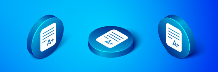 Poster - isometric exam sheet with a plus grade icon isolated on blue background. test paper, exam, or survey