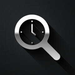 Poster - silver magnifying glass with clock icon isolated on black background. clock search. long shadow styl