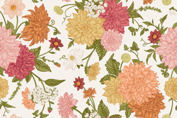 Wall Mural - Seamless autumn floral pattern with dahlias, chrysanthemums, asters, zinnias, dogwood berries.