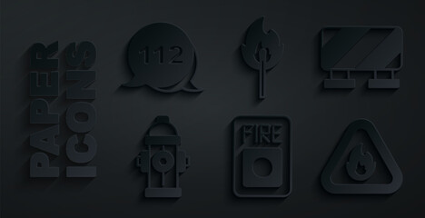 Wall Mural - Set Fire alarm system, Road barrier, hydrant, flame in triangle, Burning match with fire and Emergency call icon. Vector