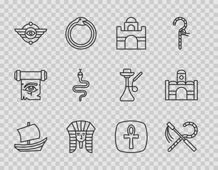 Wall Mural - Set line Egyptian ship, Crook and flail, house, pharaoh, symbol Winged sun, Snake, Cross ankh and icon. Vector