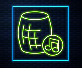 Poster - Glowing neon line Voice assistant icon isolated on brick wall background. Voice control user interface smart speaker. Vector