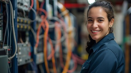 Wall Mural - Smiling Female Telecom Technician in Uniform Posing with Telecommunications Equipment and Cables