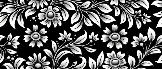 Seamless black and white floral pattern featuring elegant flowers and leaves, perfect for backgrounds, textiles, and digital designs.