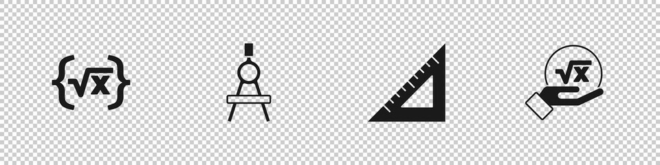 Poster - Set Square root of x glyph, Drawing compass, Triangular ruler and icon. Vector