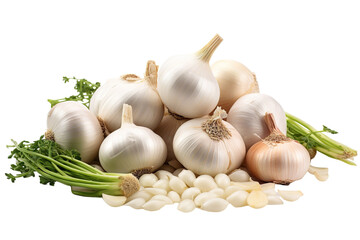 Wall Mural - A Bountiful Harvest of Fresh Garlic and Onions Ready for the Kitchen on a White or Clear Surface PNG Transparent Background.