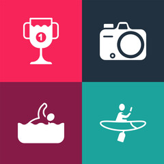 Poster - Set pop art Kayak and paddle, Swimmer, Photo camera and Award cup icon. Vector