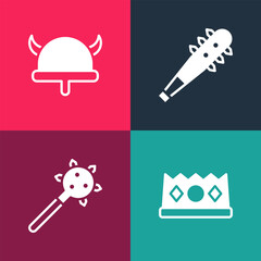 Poster - Set pop art King crown, Mace with spikes, and Viking horned helmet icon. Vector