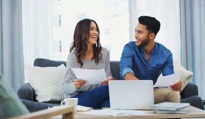 Poster - Documents, funny and laptop with couple on sofa in living room of home for bank payment. Computer, finance or laughing with man and woman in apartment to review insurance, mortgage or tax paperwork