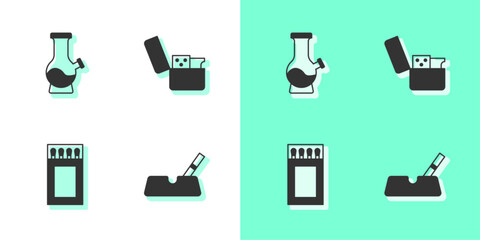 Sticker - Set Ashtray with cigarette, Bong, Matchbox and matches and Lighter icon. Vector