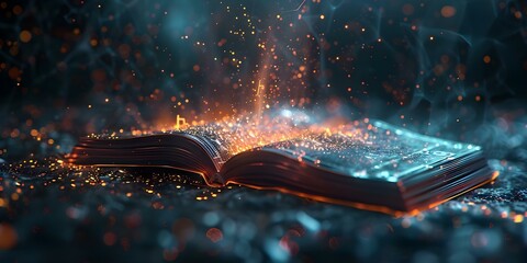 Canvas Print - Futuristic Low-Polygon Glowing Open Book on Dark Background. Concept Fantasy Art, Digital Illustration, Glowing Object, Dark Background, Low-Polygon