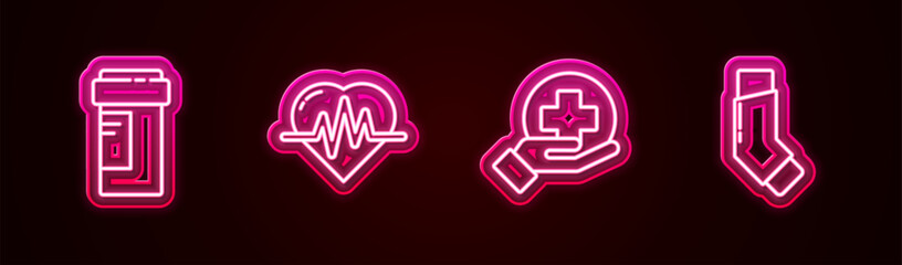 Wall Mural - Set line Medicine bottle, Heart rate, Cross hospital medical and Inhaler. Glowing neon icon. Vector