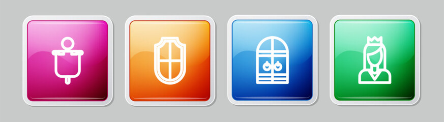 Sticker - Set line Medieval flag, Shield, castle gate and Princess. Colorful square button. Vector