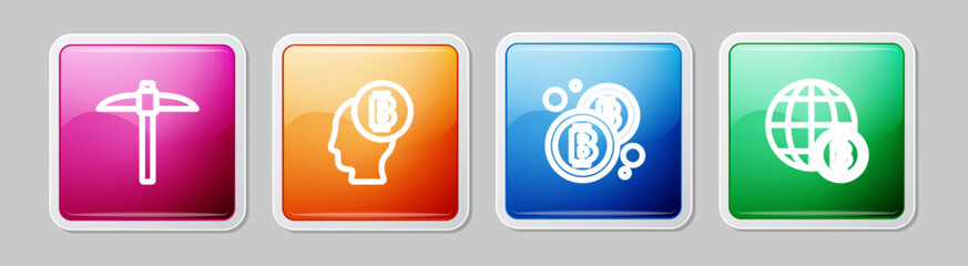 Poster - Set line Pickaxe, Bitcoin think, and Globe. Colorful square button. Vector