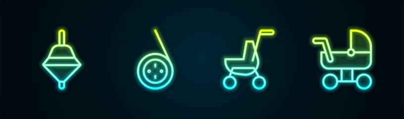 Poster - Set line Whirligig toy, Yoyo, Baby stroller and . Glowing neon icon. Vector