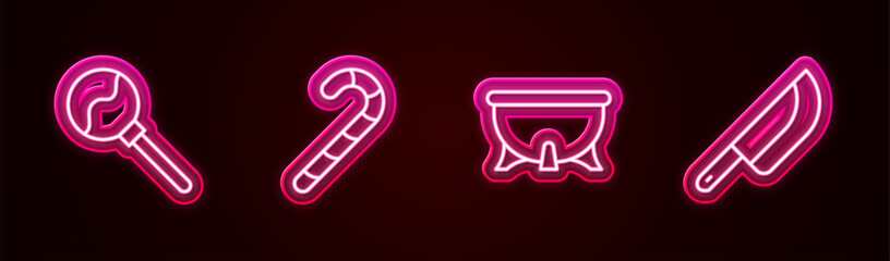 Poster - Set line Lollipop, Christmas candy cane, Halloween witch cauldron and Knife. Glowing neon icon. Vector