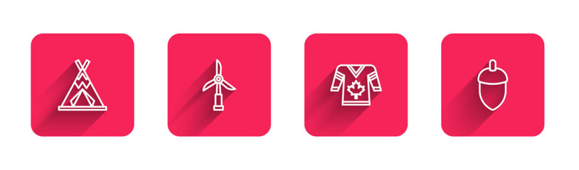 Poster - Set line Indian teepee or wigwam, Wind turbine, Hockey jersey and Acorn with long shadow. Red square button. Vector