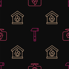 Poster - Set line Location with fire flame, Fire in burning house and Hammer on seamless pattern. Vector
