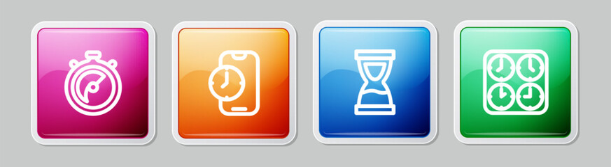 Poster - Set line Stopwatch, Alarm clock app mobile, Old hourglass and Time zone clocks. Colorful square button. Vector