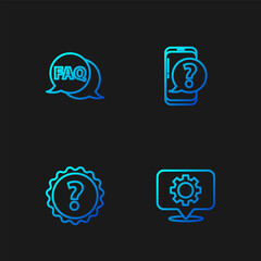 Poster - Set line Location with gear, Question mark, Speech bubble FAQ and Mobile phone question. Gradient color icons. Vector