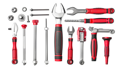 Equipment set, including metallic screwdriver, work tool isolated on a transparent background