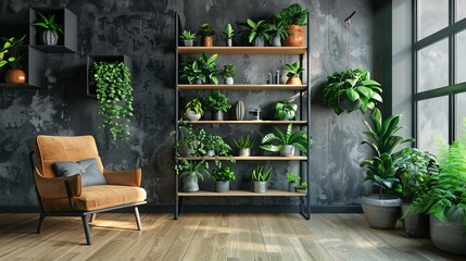 Shelf unit with artificial plants and armchair in living room. copy space for text.