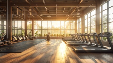 Poster - Modern gym with treadmills, sun beams through windows.