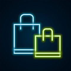 Sticker - Glowing neon line Paper shopping bag icon isolated on black background. Package sign. Colorful outline concept. Vector