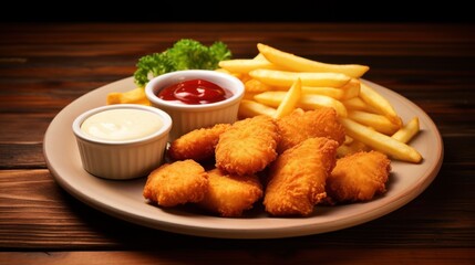 Plate of french fries and chicken nuggets with ketchup on wooden table