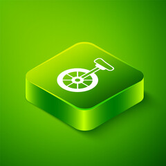 Sticker - Isometric Unicycle or one wheel bicycle icon isolated on green background. Monowheel bicycle. Green square button. Vector