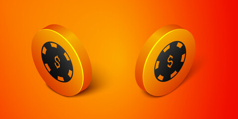 Poster - Isometric Casino chip with dollar symbol icon isolated on orange background. Casino gambling. Orange circle button. Vector