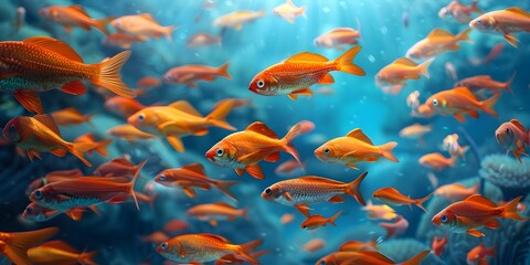 Wall Mural - Vibrant Synchronized School of Colorful Fish Swimming Underwater in 3D Render