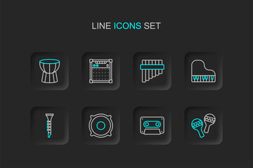 Poster - Set line Maracas, Retro audio cassette tape, Stereo speaker, Clarinet, Grand piano, Pan flute, Guitar amplifier and African darbuka drum icon. Vector