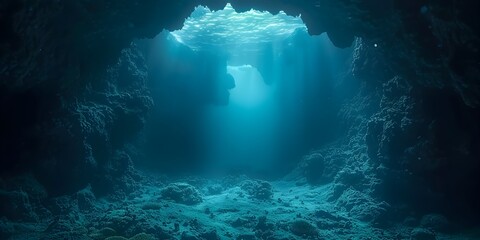 Poster - Diver Exploring the Depths of an Underwater Cave An Adventurous Seascape of Mystery and Intrigue