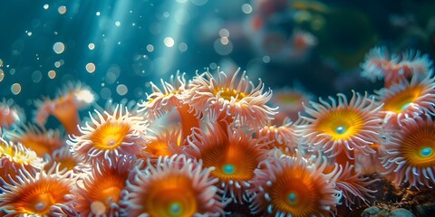 Sticker - Vibrant Sea Anemones Swaying in the Current Macro Shot of Colorful Underwater Marine Life