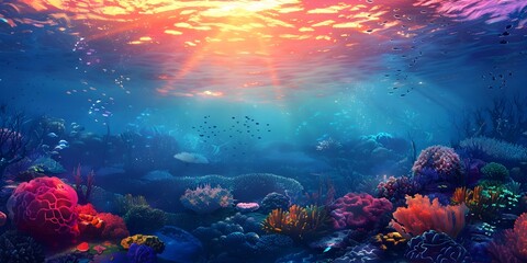 Sticker - Vibrant Coral Reef Sunrise   Serene Underwater Ocean Landscape with Colorful Marine Life