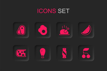 Poster - Set Chicken leg, Scrambled egg, Steak meat, Candy, Watermelon, Fresh berries, Roasted turkey or chicken and Cheese icon. Vector