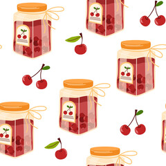 Cherry jam seamless pattern. Confiture, jelly preserves, homemade marmalade. Endless background, texture, print for wallpaper, textile, wrapping design. Colored flat vector illustration