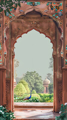 Poster - Mughal garden with arch, peacock, palace, tree illustration for wedding invitation