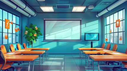 Wall Mural - Empty school classroom and green chalkboard with empty space. Cartoon or Japanese anime watercolor painting illustration style.	
